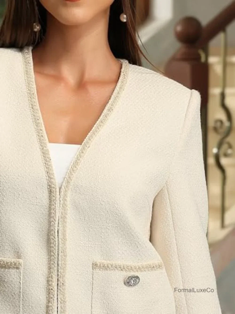 Tweed Cropped Blazer with Feather Trim Pockets